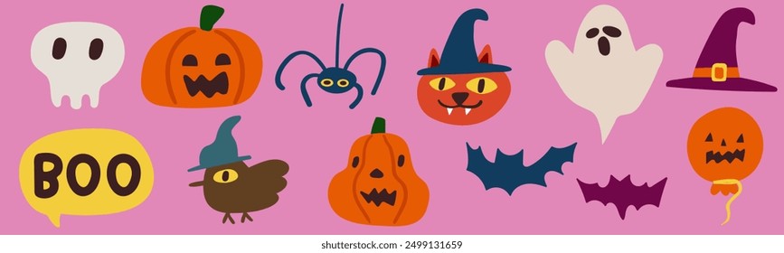 Colección de Elementos de diseño para Halloween. Calabaza, cráneo, araña, gato, vampiro, fantasma. Ilustraciones aisladas de Vector plano sobre fondo púrpura.