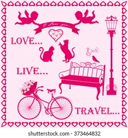 
Collection of design elements for the holidays , Valentine's Day , a birthday , a wedding - flowers, birds , heart, Cupid . Vector illustration .
