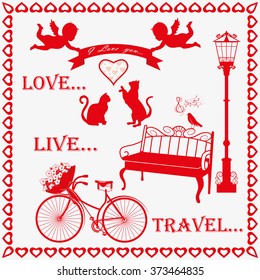
Collection of design elements for the holidays , Valentine's Day , a birthday , a wedding - flowers, birds , heart, Cupid . Vector illustration .
