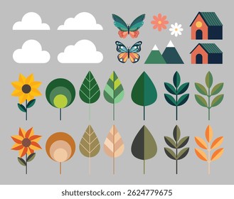 A collection of design elements including clouds houses leaves and trees suitable for creative projects nature themes landscape decorations and artistic compositions.