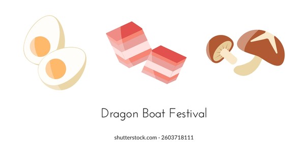Collection of design elements inspired by Dragon Boat Festival, including zongzi, eggs, pork, shiitak mushrooms. Vector illustration for Duanwu Festival