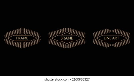 Collection of design elements. Labels and frames for packaging for luxury product in golden linear style. Black background with copy space.EPS10. 