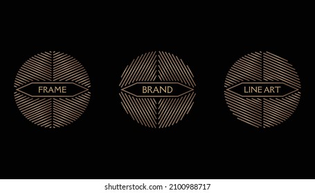 Collection of design elements. Labels and frames for packaging for luxury product in golden linear style. Black background with copy space.EPS10. 