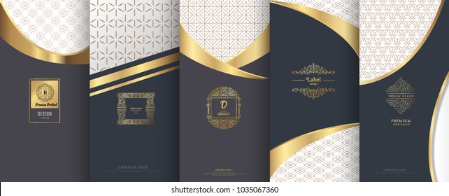 Collection of design elements, labels, icon, frames, for packaging, design of luxury products. Made with golden foil. Isolated on bronze and geometric background. vector illustration
