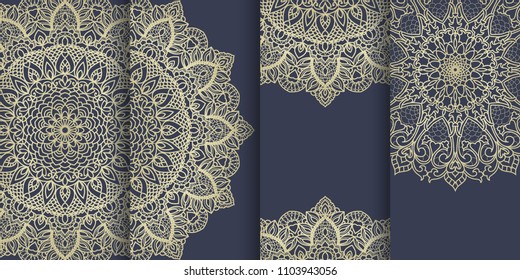  Collection of design elements, labels, icon, frames for packaging, design of luxury product with mandala. Set of Template greeting card, invitation and advertising banner, brochure.