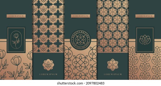 Collection of design elements, labels, icon, frames, pattern logo, packaging, design of luxury products. luxury golden design for packaging template. flower ,nature, pattern, for background.