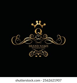 Collection of design elements, labels, icon, frames, for packaging design of luxury products. Made with golden foil. Isolated on black background luxury logo design  and latter Q logo design monogram 