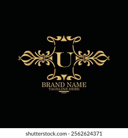 Collection of design elements, labels, icon, frames, for packaging design of luxury products Made with golden foil. Isolated on black background. luxury u logo latter design, monogram u latter logo 