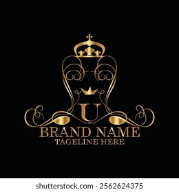 Collection of design elements, labels, icon, frames, for packaging design of luxury products Made with golden foil. Isolated on black background. luxury u logo latter design, monogram u latter logo 