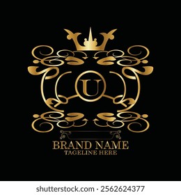 Collection of design elements, labels, icon, frames, for packaging design of luxury products Made with golden foil. Isolated on black background. luxury u logo latter design, monogram u latter logo 