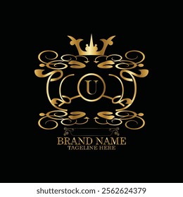 Collection of design elements, labels, icon, frames, for packaging design of luxury products Made with golden foil. Isolated on black background. luxury u logo latter design, monogram u latter logo 