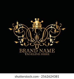 Collection of design elements, labels, icon, frames, for packaging design of luxury products Made with golden foil. Isolated on black background. luxury u logo latter design, monogram u latter logo 