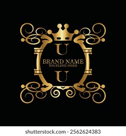 Collection of design elements, labels, icon, frames, for packaging design of luxury products Made with golden foil. Isolated on black background. luxury u logo latter design, monogram u latter logo 