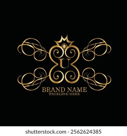 Collection of design elements, labels, icon, frames, for packaging design of luxury products Made with golden foil. Isolated on black background. luxury u logo latter design, monogram u latter logo 