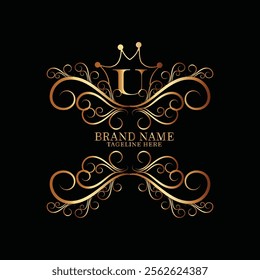 Collection of design elements, labels, icon, frames, for packaging design of luxury products Made with golden foil. Isolated on black background. luxury u logo latter design, monogram u latter logo 