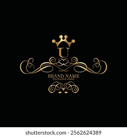 Collection of design elements, labels, icon, frames, for packaging design of luxury products Made with golden foil. Isolated on black background. luxury u logo latter design, monogram u latter logo 