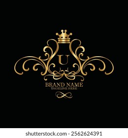 Collection of design elements, labels, icon, frames, for packaging design of luxury products Made with golden foil. Isolated on black background. luxury u logo latter design, monogram u latter logo 