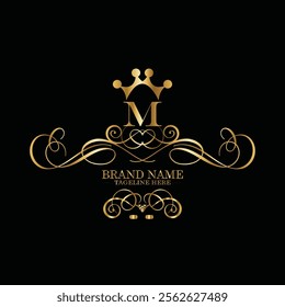 Collection of design elements, labels, icon, frames, for packaging ,design of luxury products. Made with golden foil. Isolated on black background. luxury m latter logo design with monogram m latter l