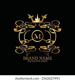 Collection of design elements, labels, icon, frames, for packaging ,design of luxury products. Made with golden foil. Isolated on black background. luxury m latter logo design with monogram m latter l