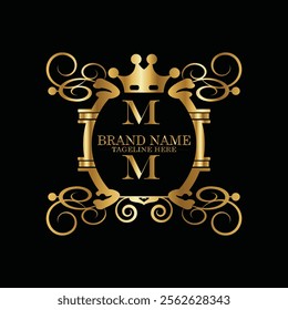 Collection of design elements, labels, icon, frames, for packaging ,design of luxury products. Made with golden foil. Isolated on black background. luxury m latter logo design with monogram m latter l