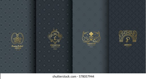 Collection of design elements, labels, icon or frames for packaging and design of luxury products. Made with golden foil. Isolated on black background. vector illustration