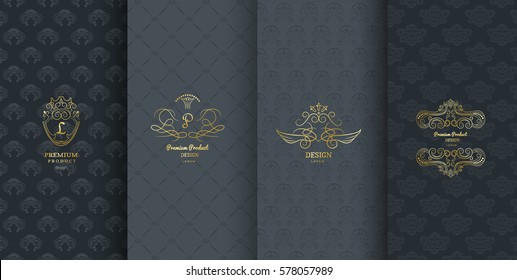 Collection of design elements, labels, icon or frames for packaging and design of luxury products. Made with golden foil. Isolated on black background. vector illustration