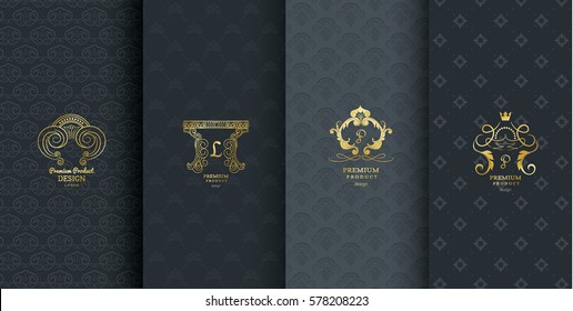 Collection of design elements, labels, icon or frames for packaging and design of luxury products. Made with golden foil. Isolated on black background. vector illustration