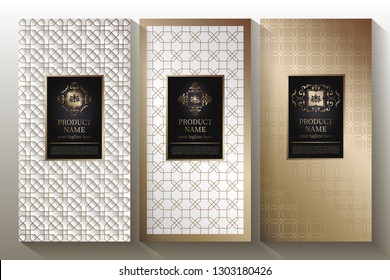 A collection of design elements, labels, icons, frames, for the design of luxury packaging. With gold foil isolated on white background. Vector