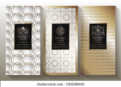 A collection of design elements, labels, icons, frames, for the design of luxury packaging. With gold foil isolated on white background. Vector