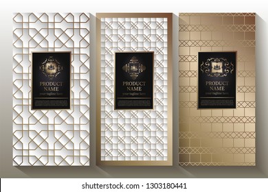 A collection of design elements, labels, icons, frames, for the design of luxury packaging. With gold foil isolated on white background. Vector