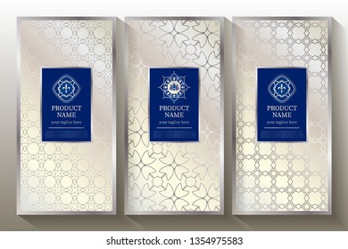 A collection of design elements, labels, icons, frames, for the design of luxury packaging. With silver foil isolated on white background. Vector