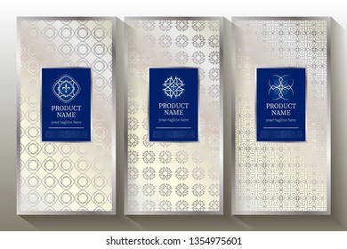 A collection of design elements, labels, icons, frames, for the design of luxury packaging. With silver foil isolated on white background. Vector