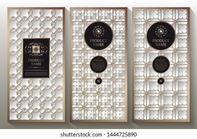 A collection of design elements, labels, icons, frames, for the design of luxury packaging. With gold foil isolated on white background. Vector