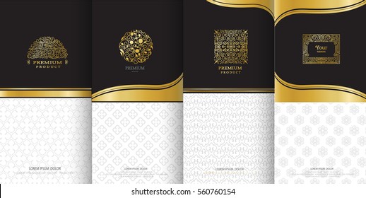 Collection of design elements, labels,icon and frames for packaging and design of luxury products.Made with golden foil Isolated on black background. vector illustration