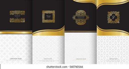 Collection of design elements, labels,icon and frames for packaging and design of luxury products.Made with golden foil Isolated on black background. vector illustration