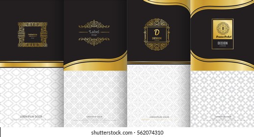 Collection of design elements, labels,icon and frames for packaging and design of luxury products.Made with golden foil Isolated on black background. vector illustration