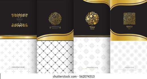 Collection of design elements, labels,icon and frames for packaging and design of luxury products.Made with golden foil Isolated on black background. vector illustration