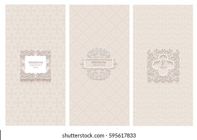 Collection of design elements, labels,icon and frames for packaging and design of luxury products. with paper art design Isolated on brown background. vector illustration
