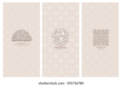 Collection of design elements, labels,icon and frames for packaging and design of luxury products. with paper art design Isolated on brown background. vector illustration