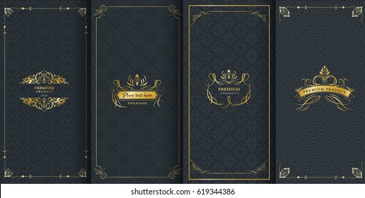 Collection of design elements, labels,icon and frames for packaging and design of luxury products.Made with golden foil Isolated on black background. vector illustration