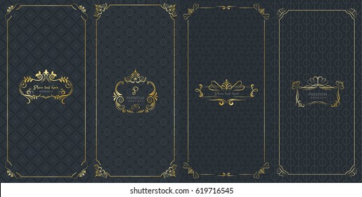 Collection of design elements, labels,icon and frames for packaging and design of luxury products.Made with golden foil Isolated on black background. vector illustration