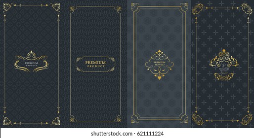 Collection of design elements, labels,icon and frames for packaging and design of luxury products.Made with golden foil Isolated on black background. vector illustration