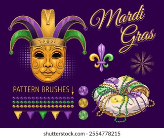 Collection of design elements for Mardi Gras holiday with golden venetian mask in jester holiday hat, king cake, bead strings, holiday trinket, bling, text. Clip art in vintage style.