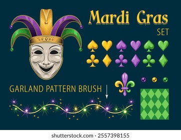 Collection of design elements for Mardi Gras party with comedy mask in jester holiday hat, harlequin pattern, icons of card suits, sparkles garland. Clip art in vintage style.