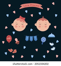 A collection of design elements for newborn babies. Pink and blue balloons, inscriptions Girl and Boy. The design of a postcard or poster of a girl and a boy. Vector illustration