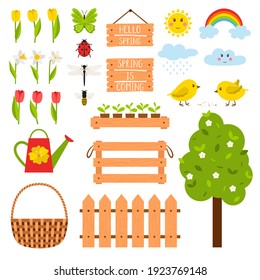 Collection of design elements on the theme of spring. Tulips, chickens, seedlings in a box, baskets, watering can. A set of vector illustrations in a flat style. Isolated on a white background.