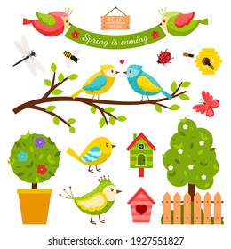 Collection of design elements on the theme of spring. Colorful cartoon birds, insects, trees, birdhouse, characters. Cute characters. A set of vector illustrations in a flat style. Isolated on white.