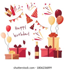 
Collection of design elements for parties and celebrations. Festive event and show icons set. Birthday and anniversary objects. With fireworks, gifts, drinks, flag