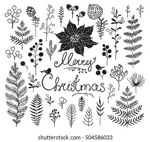 Collection design elements with silhouettes branches, leaves, pine cones, berries, flower Poinsettia, acorn and birds. Doodle illustration for Christmas and New Year. Vector floral design.