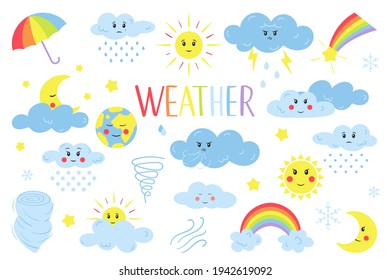Collection of design elements of weather in pastel colors. Clouds, sun, rain, umbrella, rainbow. For children's clothing and products for kids. Cartoon color vector illustrations. Isolated on white.